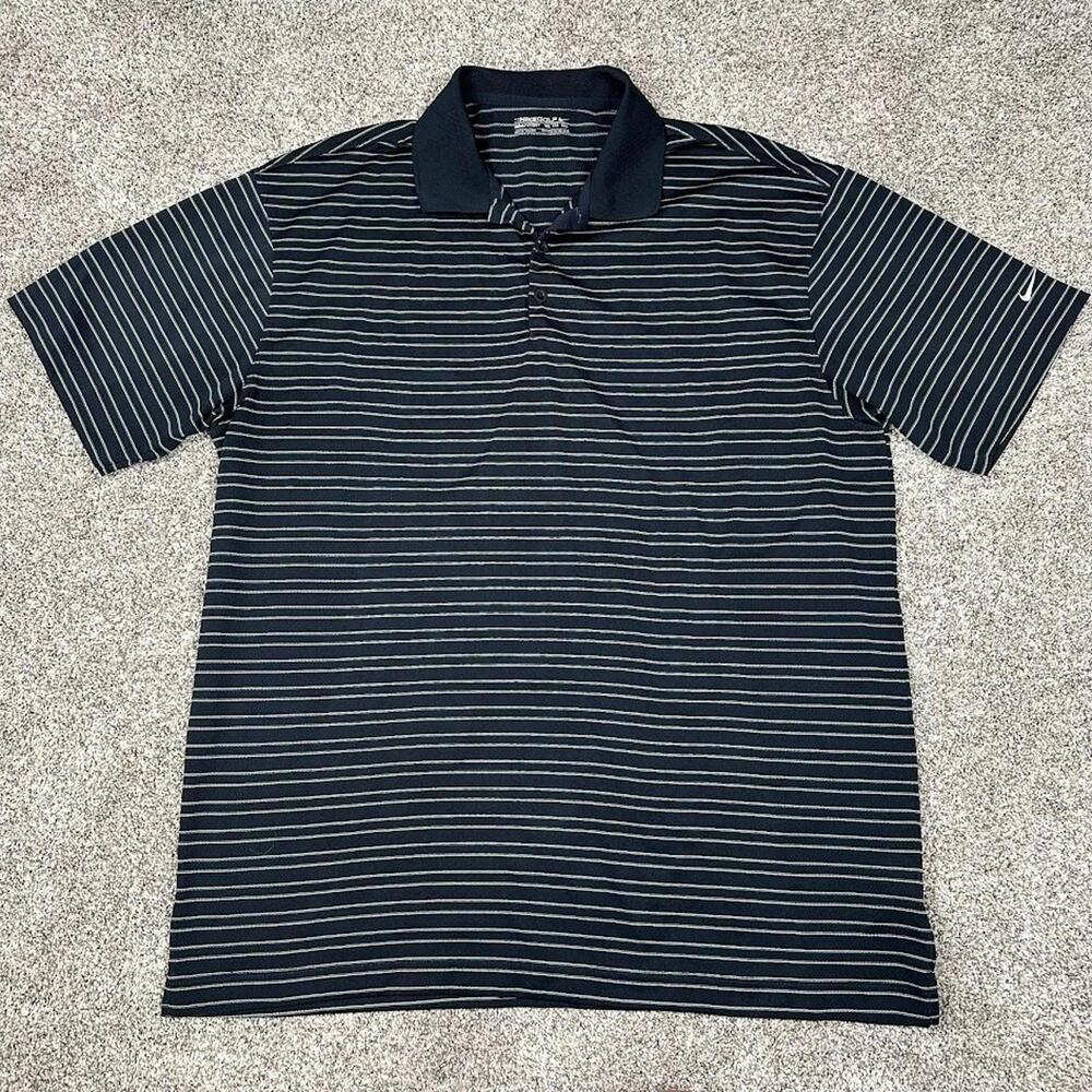 Nike Golf‎ Men's Polo Shirt XXL 2XL Button Dark Navy Blue Green Stripes Dri-Fit